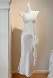 Ndyad White Spaghetti Straps Sheath Satin Chiffon Long Prom Dresses Birthday Evening Gowns HZ1024