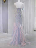 Ndyad Lilac Strapless Mermaid Tulle Rhinestone Long Prom Dresses Formal Evening Gowns HZ1024
