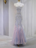 Ndyad Lilac Strapless Mermaid Tulle Rhinestone Long Prom Dresses Formal Evening Gowns HZ1024