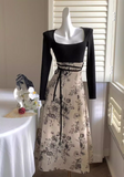 Ndyad Chinese style printed knitted patchwork cheongsam long skirt HZ1024