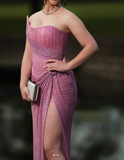 Ndyad Pink Strapless Sheath Glitter Sequins Long Prom Dresses Formal Evening Gowns with Slits HZ1024
