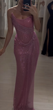 Ndyad Pink Strapless Sheath Glitter Sequins Long Prom Dresses Formal Evening Gowns with Slits HZ1024