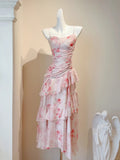 Ndyad Spaghetti Straps Printed Chiffon A-Line Long Prom Dresses Pretty Evening Gowns HZ1024