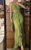 Ndyad Olive Green V-Neck Sheath Beaded Chiffon Long Prom Dresses Formal Evening Gowns HZ1024