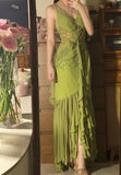 Ndyad Olive Green V-Neck Sheath Beaded Chiffon Long Prom Dresses Formal Evening Gowns HZ1024