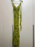 Ndyad Olive Green V-Neck Sheath Beaded Chiffon Long Prom Dresses Formal Evening Gowns HZ1024
