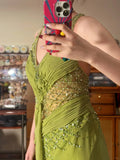 Ndyad Olive Green V-Neck Sheath Beaded Chiffon Long Prom Dresses Formal Evening Gowns HZ1024