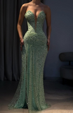 Ndyad Green Sweetheart Neck Sheath Tulle Beading Long Prom Dresses Formal Evening Gowns with Sequins HZ1024