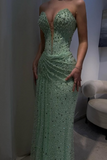 Ndyad Green Sweetheart Neck Sheath Tulle Beading Long Prom Dresses Formal Evening Gowns with Sequins HZ1024