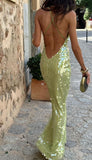 Ndyad Green Spaghetti Straps Sheath Sequin Long Prom Dresses Formal Evening Gowns with Open Back HZ1024