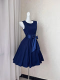 Ndyad Navy Blue Round Neck A-Line Satin Short Birthday Party Dresses Homecoming Dresses with Bow HZ1024