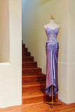 Ndyad Spaghetti Straps Sheath Satin Lace Appliqu¨¦ Long Stunning Prom Dresses Formal Evening Gowns HZ1024