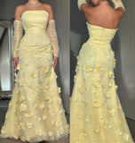 Ndyad Butter Yellow Strapless A-Line Tulle Applique Long Prom Dresses Elegant Birthday Evening Gowns HZ1024