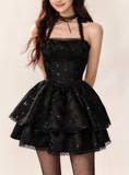 Ndyad Black Halter Neck A-Line Lace Tulle Short Prom Dresses Back to School Dress with Sequins HZ1024