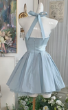 Ndyad Blue Halter Neck A-Line Satin Short Prom Dresses Homecoming Dress with Open Back HZ1024