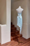 Ndyad Light Blue Spaghetti Straps Sheath Lace Short Party Dresses HZ1024