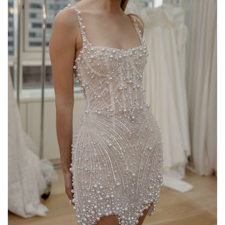 Ndyad White Square Neck Sheath Beaded Short Wedding Dress Birthday Evening Gowns HZ1024