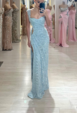 Ndyad Light Blue Square Neck Sheath Beading Long Prom Dresses Fashion Formal Evening Gowns with Slits HZ1024