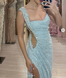 Ndyad Light Blue Square Neck Sheath Beading Long Prom Dresses Fashion Formal Evening Gowns with Slits HZ1024