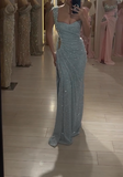 Ndyad Light Blue Square Neck Sheath Beading Long Prom Dresses Fashion Formal Evening Gowns with Slits HZ1024