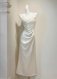 Ndyad White Spaghetti Straps Sheath Satin Long Prom Dresses Formal Evening Gowns HZ1024