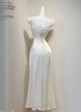 Ndyad White Spaghetti Straps Sheath Satin Long Prom Dresses Formal Evening Gowns HZ1024