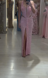 Ndyad Pink Halter Sheath Glitter Two-piece Prom Dresses Formal Elegant Evening Dresses with Slits HZ1024