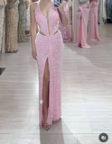 Ndyad Pink Halter Sheath Glitter Two-piece Prom Dresses Formal Elegant Evening Dresses with Slits HZ1024