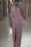 Ndyad Pink Halter Sheath Glitter Two-piece Prom Dresses Formal Elegant Evening Dresses with Slits HZ1024