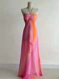 Ndyad Pink/Orange Halter Neck Sheath Chiffon Long Prom Dresses Vintage Evening Dress HZ1024