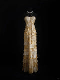 Ndyad Gold Halter Sheath Satin Beaded Long Prom Dresses Gorgeous Evening Gowns HZ1024