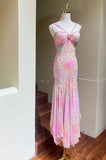 Ndyad Colorful Sweetheart Neck Mermaid Printed Chiffon Long Prom Dresses Vintage Gorgeous Evening Gowns HZ1024