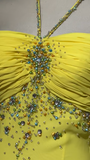 Ndyad Yellow Halter Neck Sheath Chiffon Beaded Hi-Lo Prom Dresses Elegant Wedding Guest Dresses HZ1024
