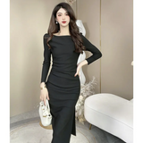 Ndyad Hepburn style white long-sleeved one-shoulder dress HZ1024
