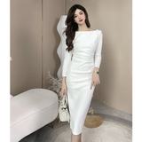 Ndyad Hepburn style white long-sleeved one-shoulder dress HZ1024