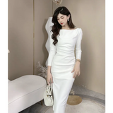 Ndyad Hepburn style white long-sleeved one-shoulder dress HZ1024