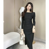 Ndyad Hepburn style white long-sleeved one-shoulder dress HZ1024
