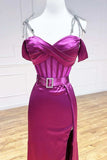 Ndyad Fuchsia Spaghetti Straps Satin Formal Evening Dress with Slits HZ1024