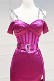 Ndyad Fuchsia Spaghetti Straps Satin Formal Evening Dress with Slits HZ1024