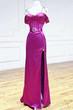 Ndyad Fuchsia Spaghetti Straps Satin Formal Evening Dress with Slits HZ1024