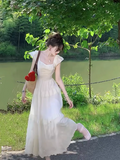 Ndyad heavy embroidery small flying sleeves square neck long dress cake skirt HZ1024