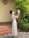 Ndyad heavy embroidery small flying sleeves square neck long dress cake skirt HZ1024
