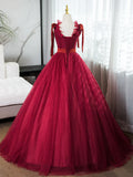 Ndyad V Neck Tulle Burgundy Long Prom Dress, Burgundy Long Evening Dresses HZ1024