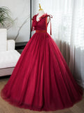 Ndyad V Neck Tulle Burgundy Long Prom Dress, Burgundy Long Evening Dresses HZ1024