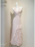 Ndyad Pink V-neck Sheath Chiffon Prom Dresses Elegant Birthday Evening Gowns with Ruffles HZ1024