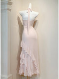 Ndyad Pink V-neck Sheath Chiffon Prom Dresses Elegant Birthday Evening Gowns with Ruffles HZ1024