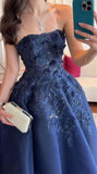Ndyad Navy Blue Strapless A-Line Tulle Long Prom Dresses Formal Evening Gowns with Appliques HZ1024