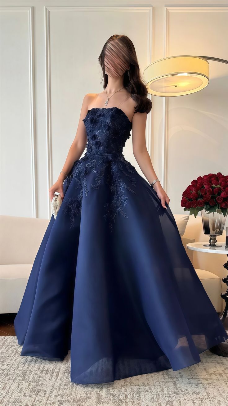 Ndyad Navy Blue Strapless A-Line Tulle Long Prom Dresses Formal Evening Gowns with Appliques HZ1024
