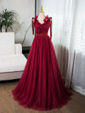 Ndyad V Neck Tulle Burgundy Long Prom Dress, Burgundy Long Evening Dresses HZ1024