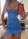 Ndyad Blue Strap Bodycon Sequined Short Evening Gowns Glitter Graduation Party Dresses HZ1024
